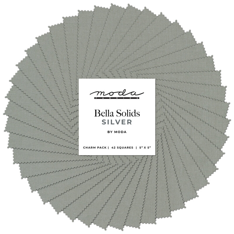 A spiraled collage of fabrics included in the Bella Solids - Silver Charm Pack by Moda Fabrics