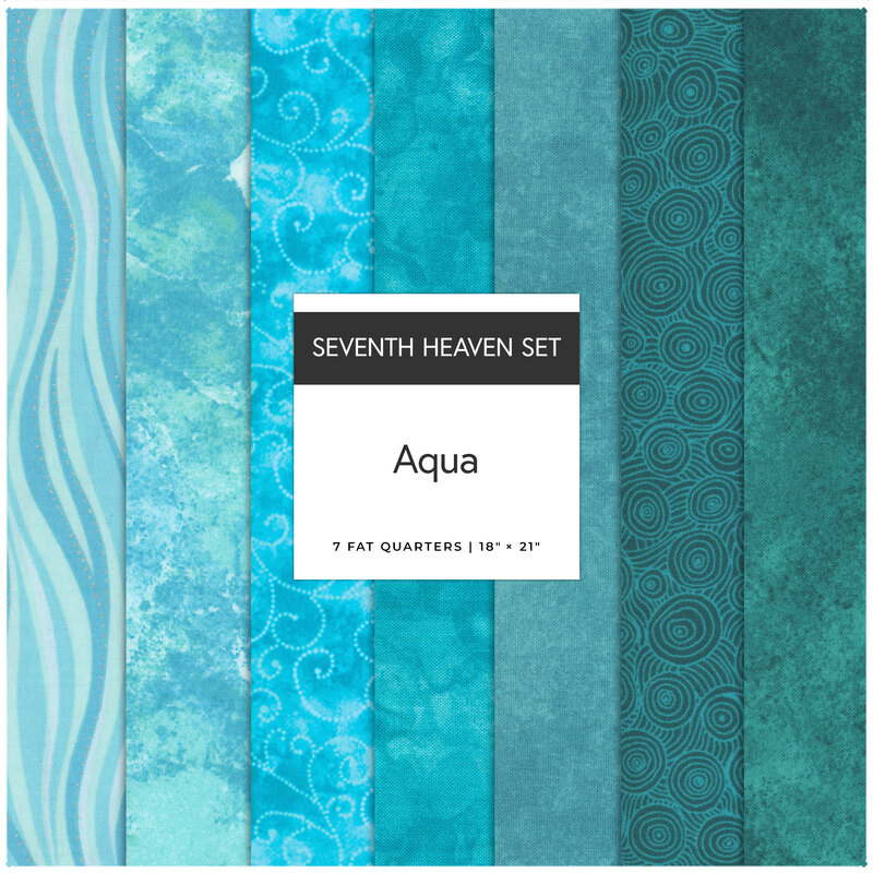 A collage of 7 aqua and teal fat quarters