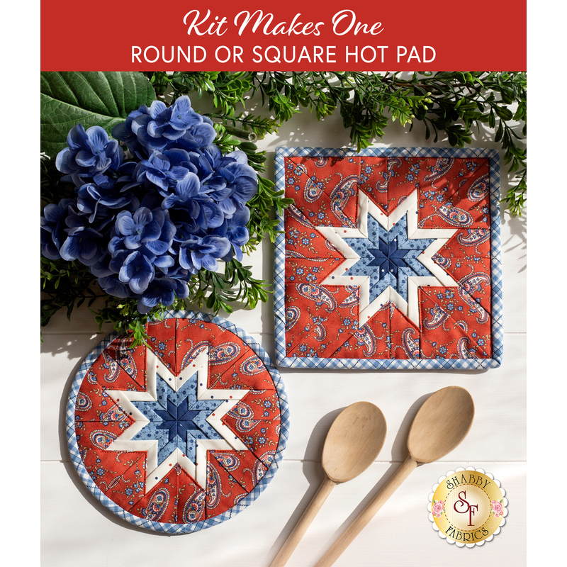 Hot pads with central folded star design made of red and blue fabrics featuring paisleys.