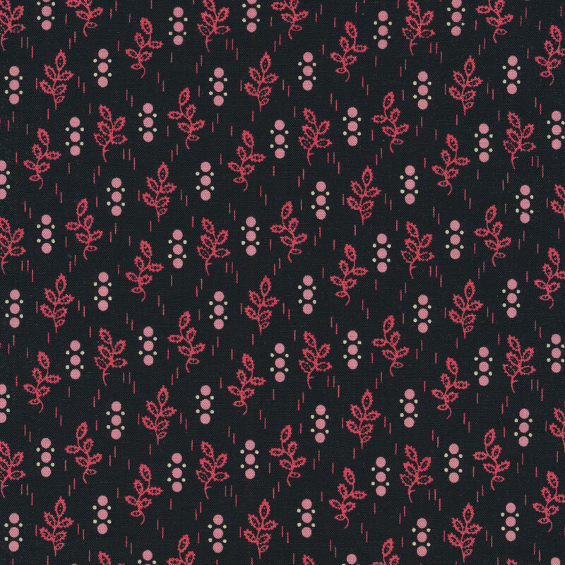 Black fabric with small pink dots and leaf sprigs all over