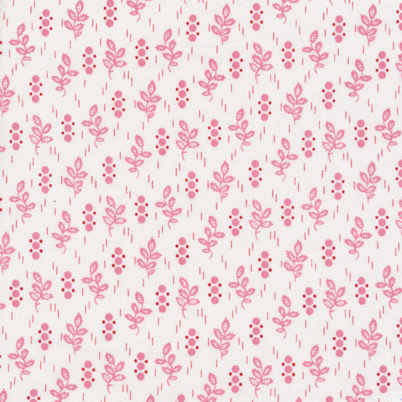 White fabric with small pink dots and leaf sprigs all over