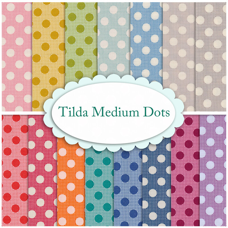 A collage of fabrics included in the Tilda Medium Dots Basics F8th Set by Tilda
