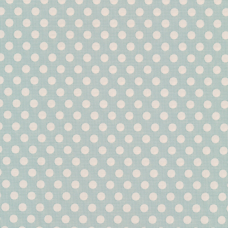 Teal fabric with white polka dots all over