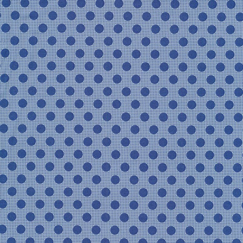 Blue fabric with dark blue polka dots all over
