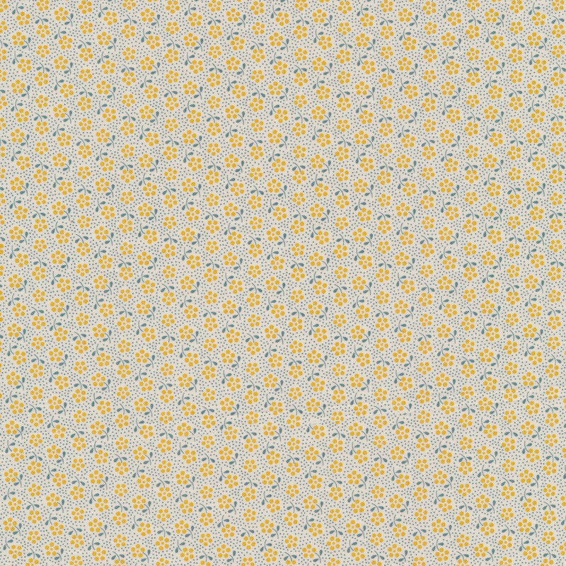 White fabric with small yellow flowers and dots all over