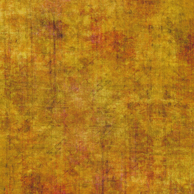 A golden yellow textured fabric featuring a grunge look with bits of rusty orange mottling