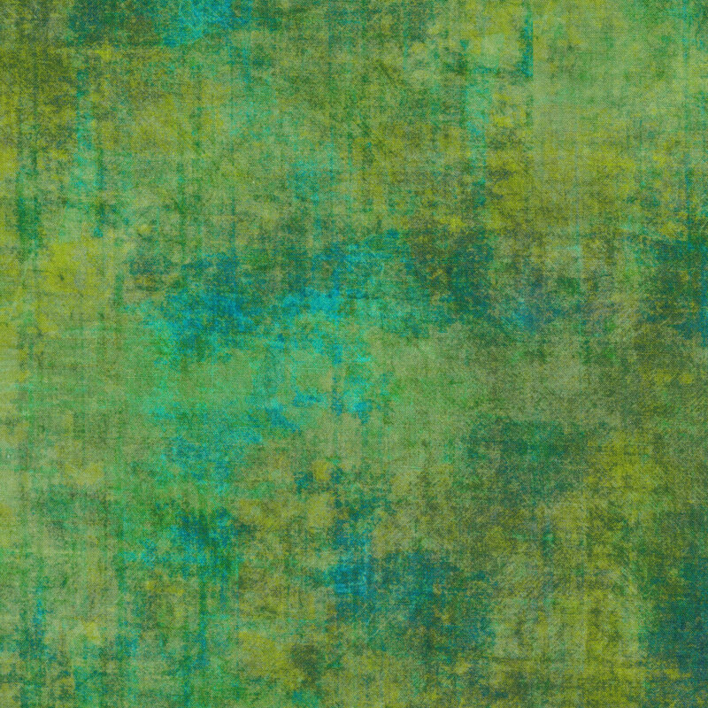 A mottled green fabric with a grunge texture look with bits of bright aqua mottling