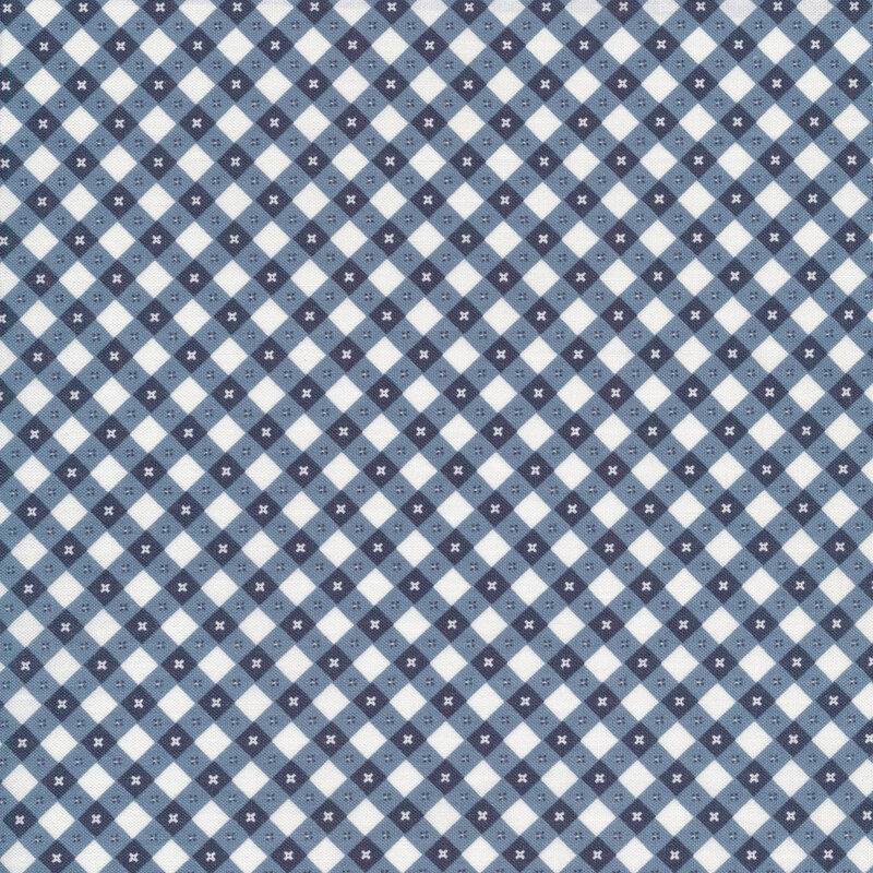 A denim blue and white gingham fabric