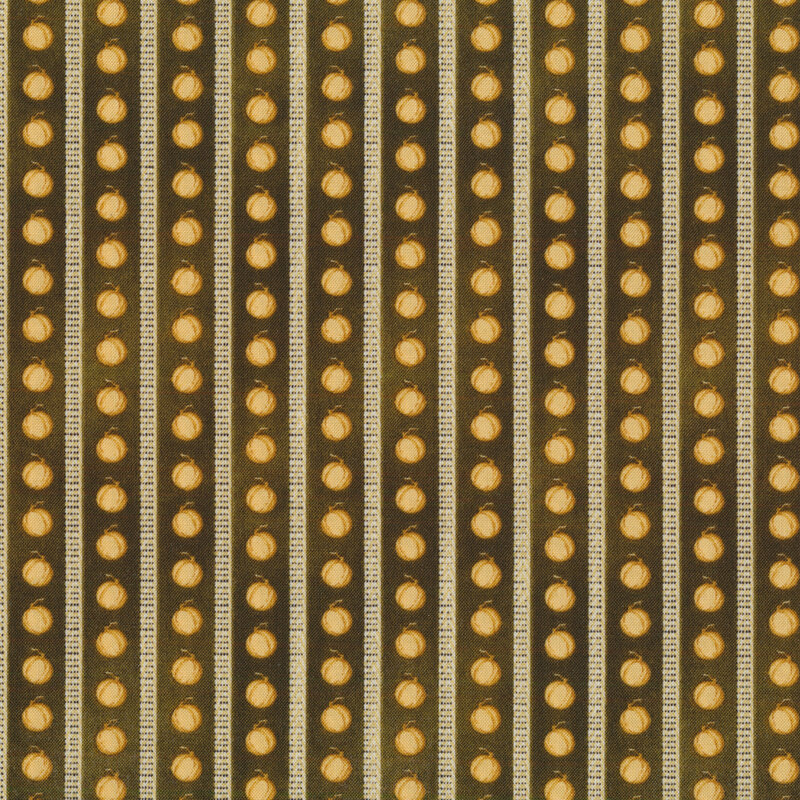 Sewing fabric with tan and green stripes with pumpkins and tiny chevron detail