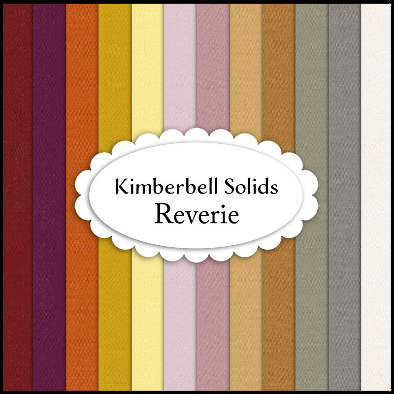 A collage of fabrics included in the Kimberbell Solids - Reverie FQ Set
