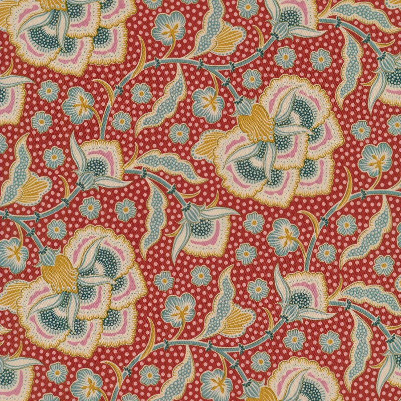 Red spotted fabric with blue and yellow stylized flowers with pink accents