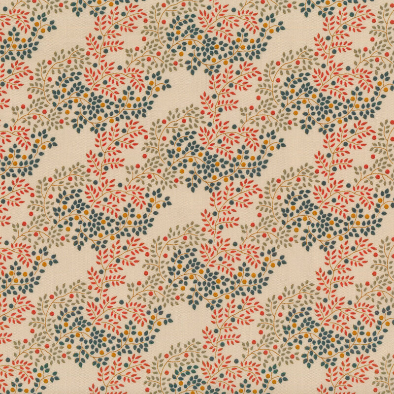 Cream fabric with green, red, and blue leaf clusters as on branches with red and yellow berries