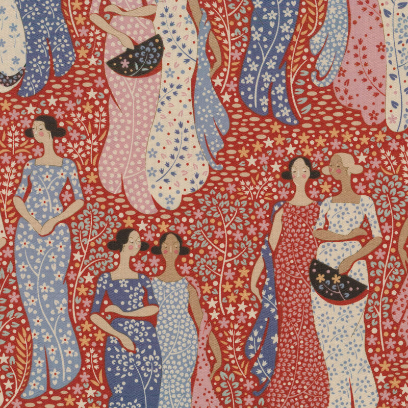 Red fabric featuring women in pairs with flowers between them