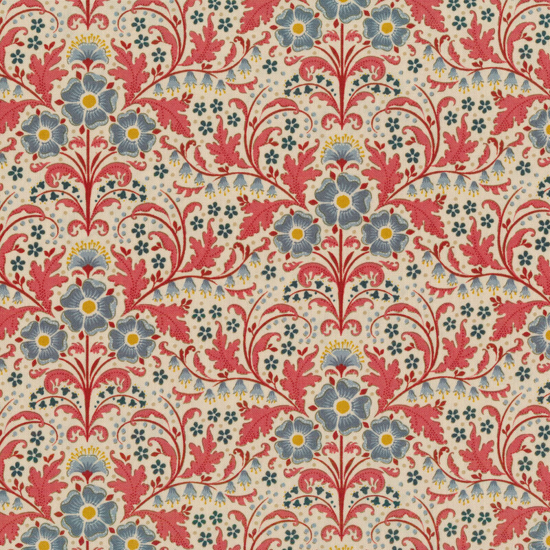 Cream fabric with blue flowers and red filigree with dark blue accents