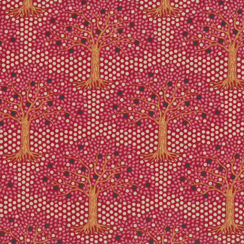 Red fabric with trees and alternating light and dark dots looking like fruit in the trees and filling negative space