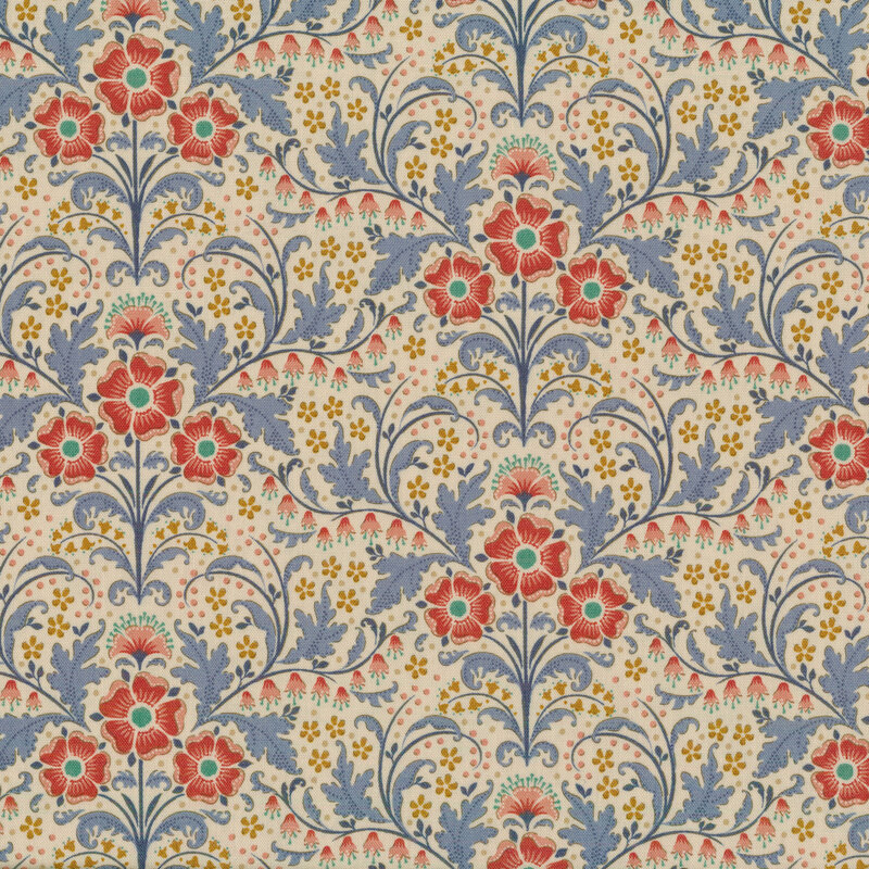 Cream fabric with red flowers and blue filigree with yellow accents