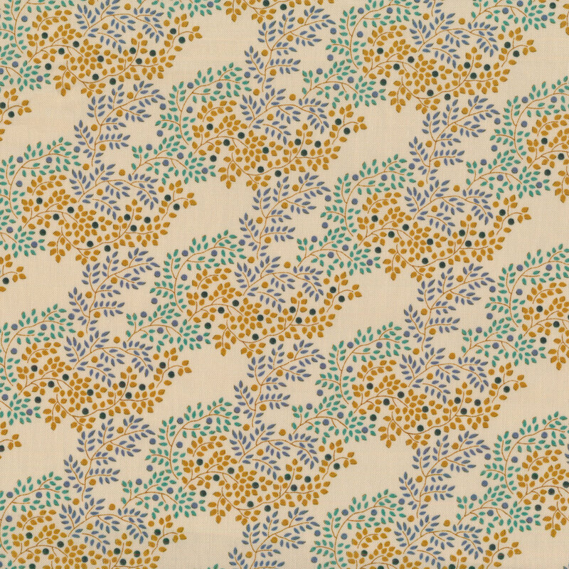 Cream fabric with green, yellow, and blue leaf clusters as on branches with blue and yellow berries