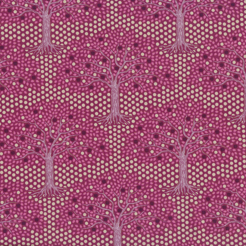 Fuschia fabric with trees and alternating light and dark dots looking like fruit in the trees and filling negative space