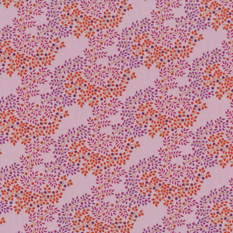 lilac fabric with purple, orange, and fuchsia leaf clusters as on branches with blue, purple, and orange berries