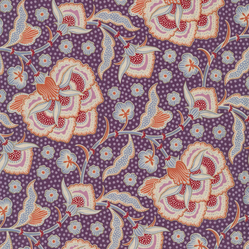 Dark purple fabric with a large red and orange stylized flower with blue and pink accents