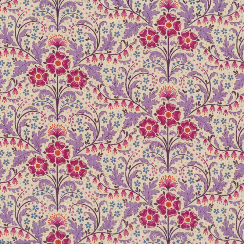 Cream fabric with pink flowers and purple filigree with blue accents