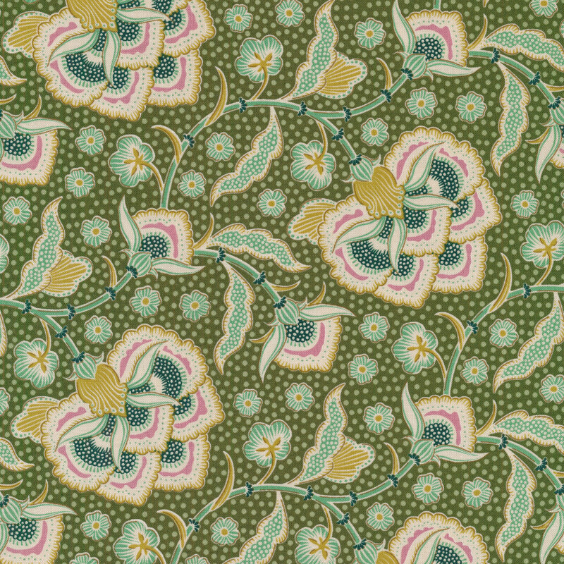 green fabric with large yellow and teal stylized flowers with yellow and pink accents