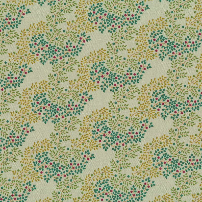 pale teal fabric with teal, yellow, and green leaf clusters as on branches with green, purple, and teal berries