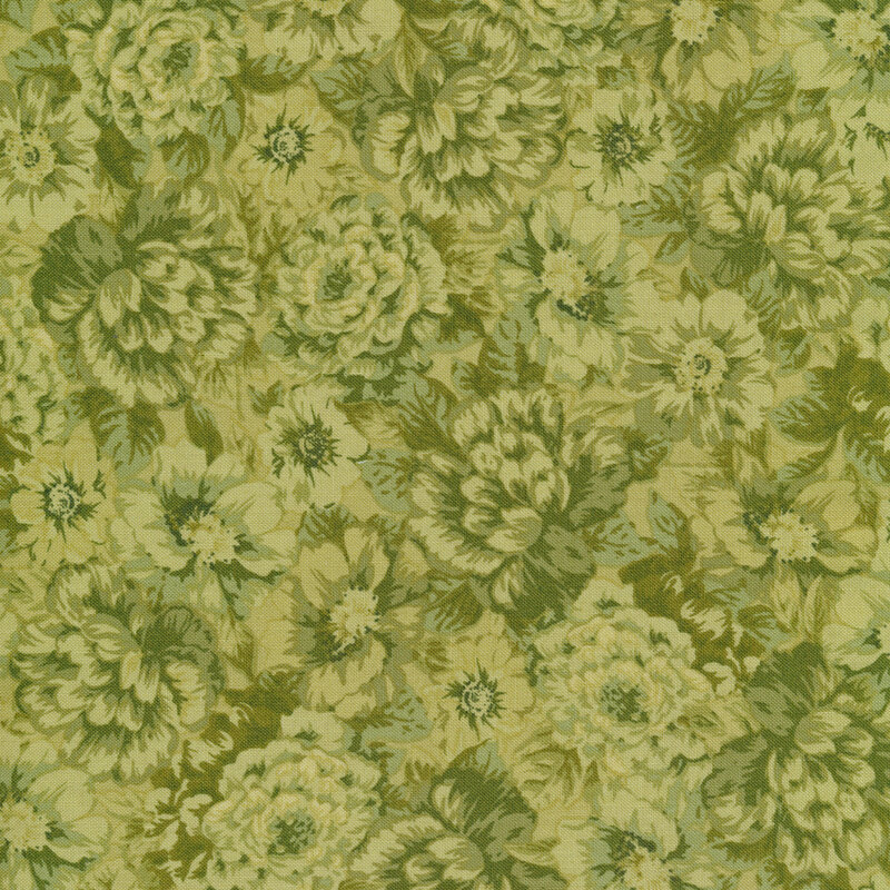 Tonal green fabric with packed flowers
