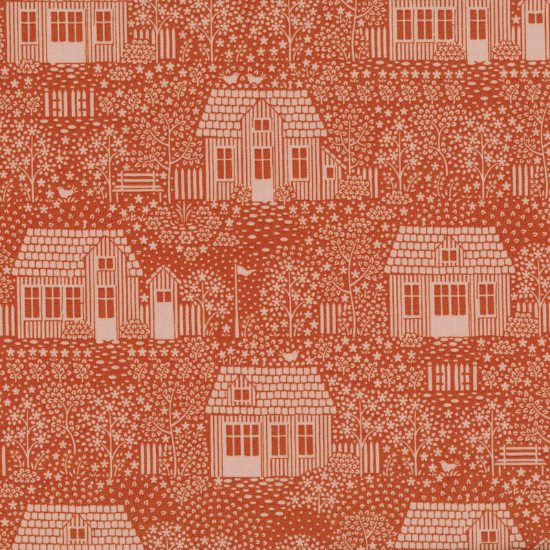 Red fabric with tonal houses, plants, and birds depicting a neighborhood