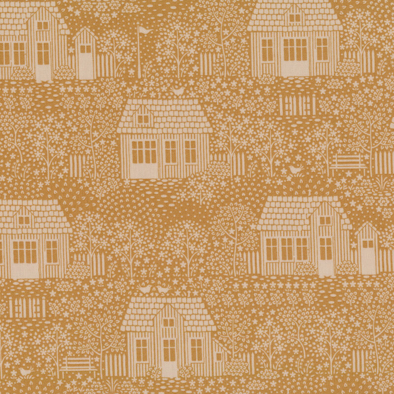 Yellow fabric with tonal houses, plants, and birds depicting a neighborhood