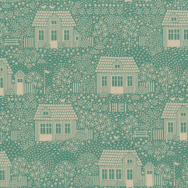 Teal fabric with tonal houses, plants, and birds depicting a neighborhood