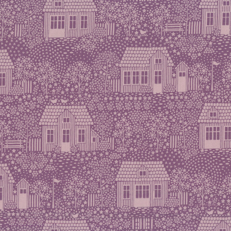 Lilac fabric with tonal houses, plants, and birds depicting a neighborhood