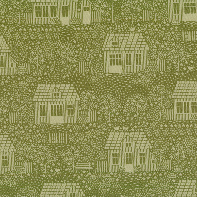 Moss fabric with tonal houses, plants, and birds depicting a neighborhood