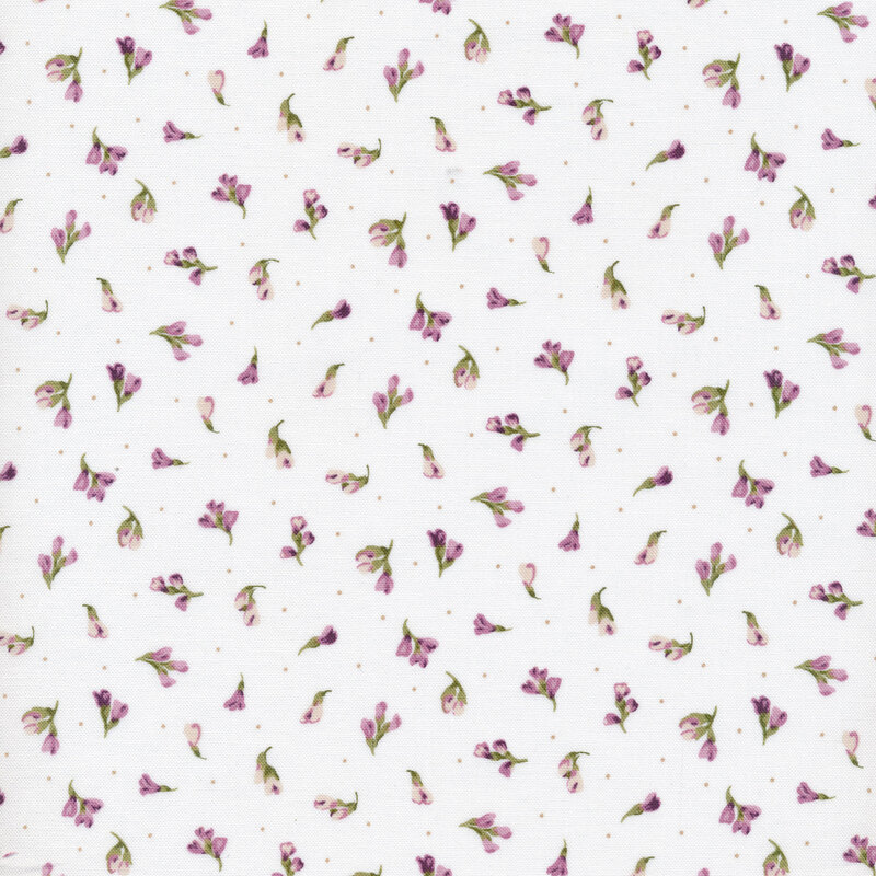 Fabric that has tossed florals with pink leaves on a white background