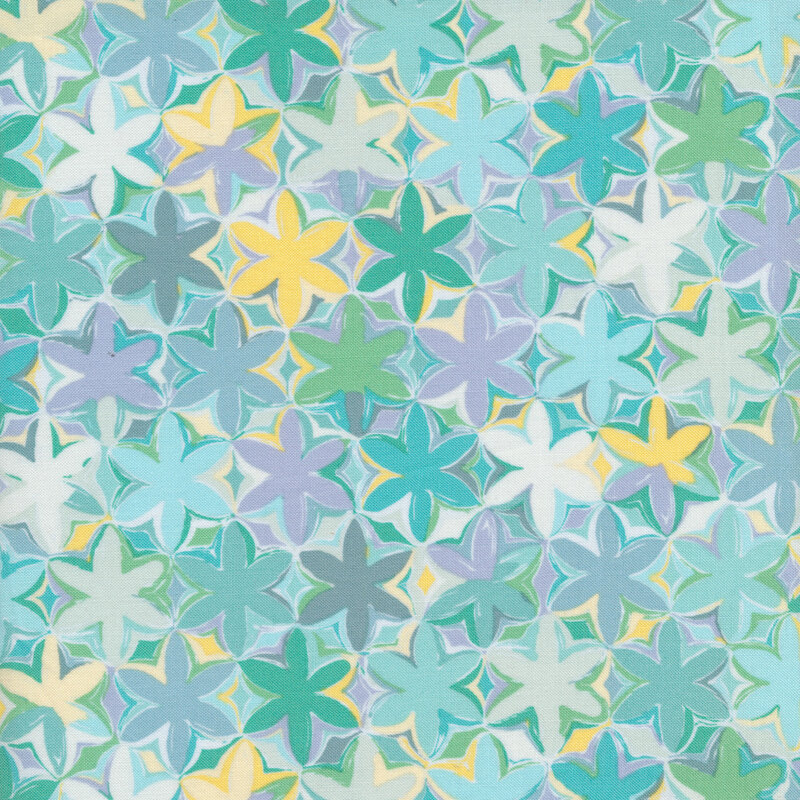 Bright aqua fabric with aqua, green, teal, and pale purple packed flowers all over