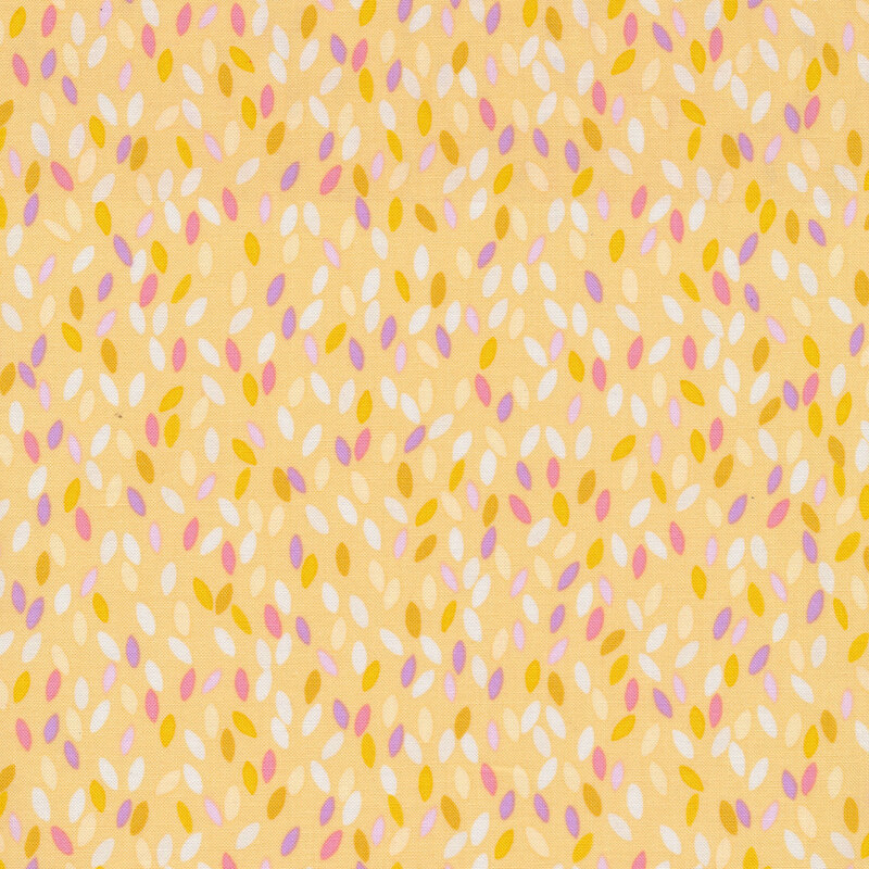 Bright yellow fabric with colorful flower petals all over