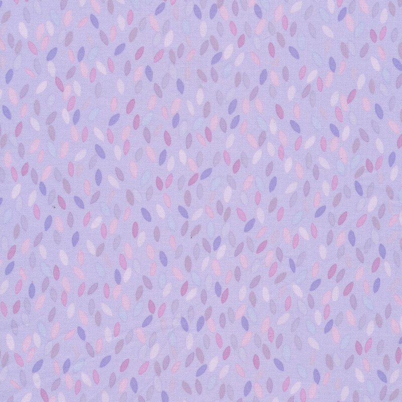 Pale purple fabric with colorful blue and light purple flower petals all over