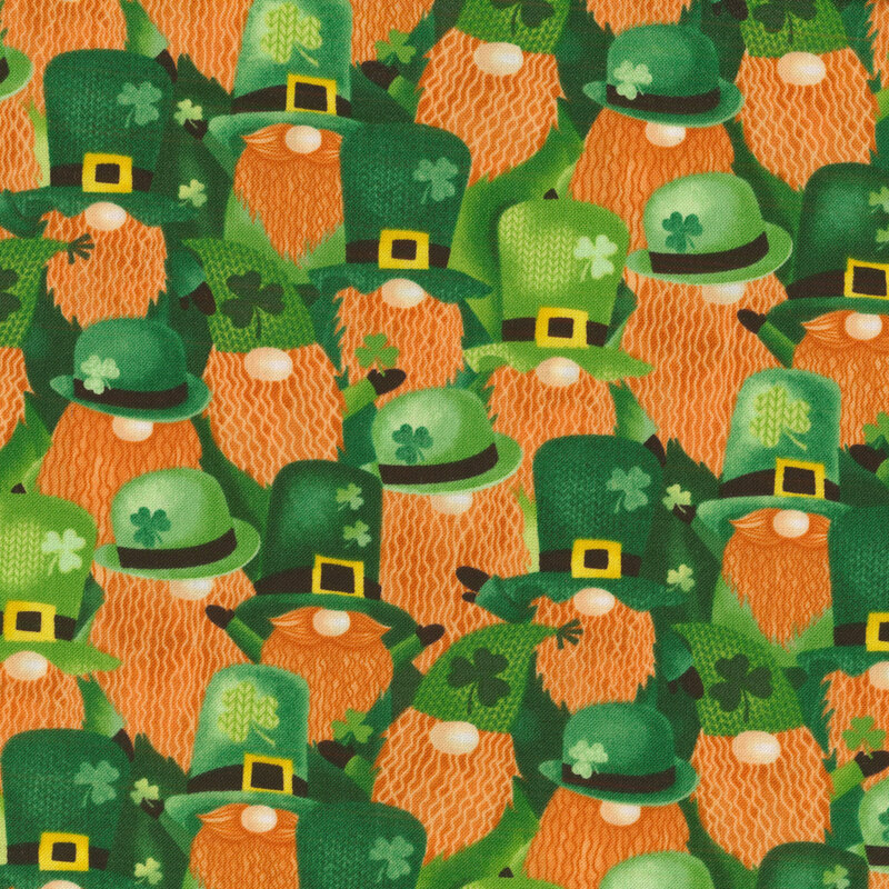 Packed leprechauns in different hats and orange beards in the style of gnomes