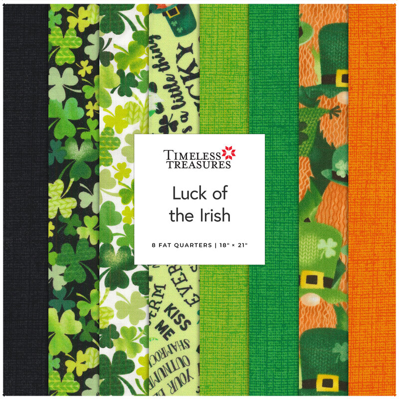 A collage of green, black, and orange Saint Patrick's Day fabrics included in the Luck of the Irish FQ set