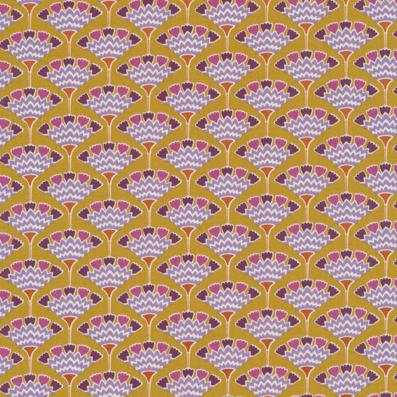 Mustard fabric with purple and pink fans