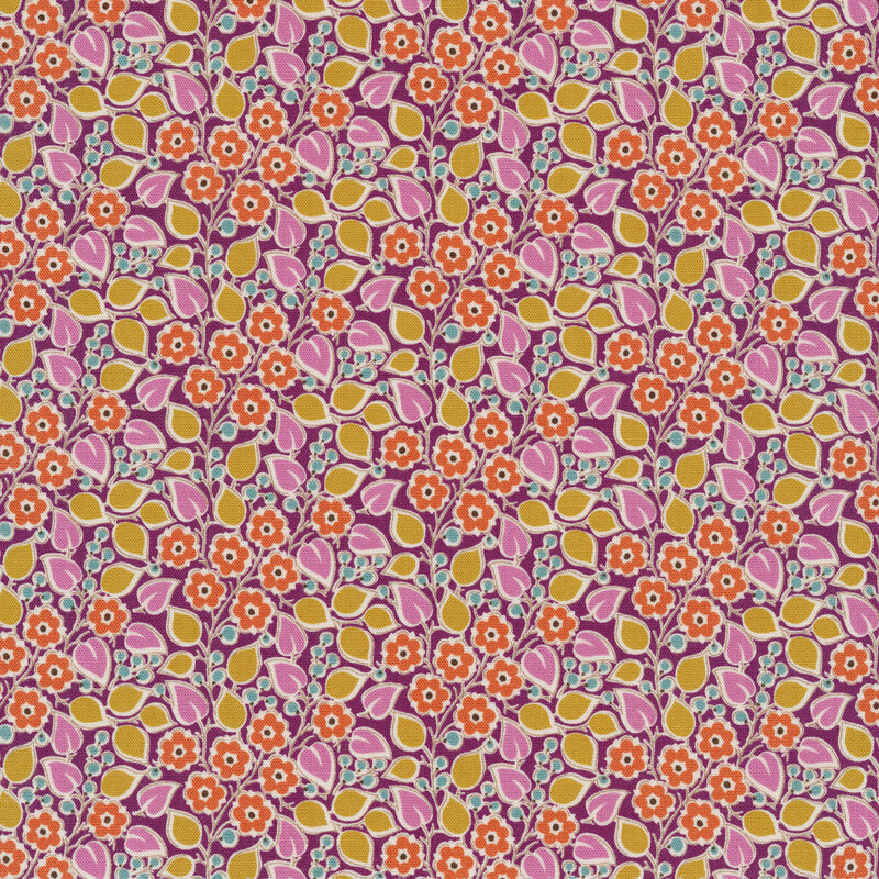 Orange flowers with pink and yellow leaves on a purple background with teal accents