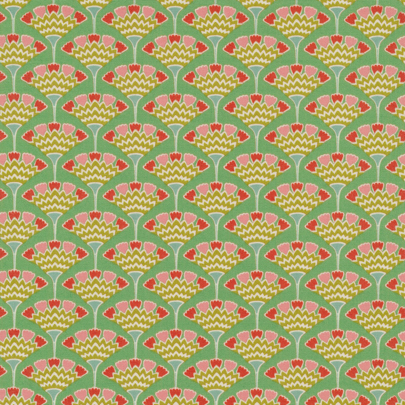 green fabric with green and pink fans