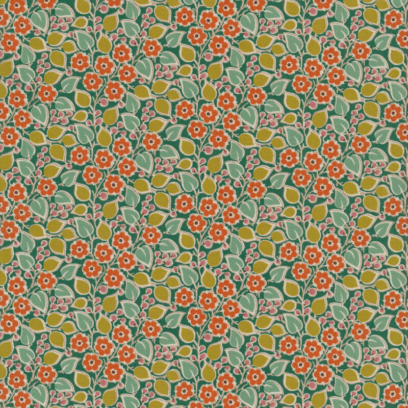 orange flowers with aqua and green leaves on a teal background with pink accents