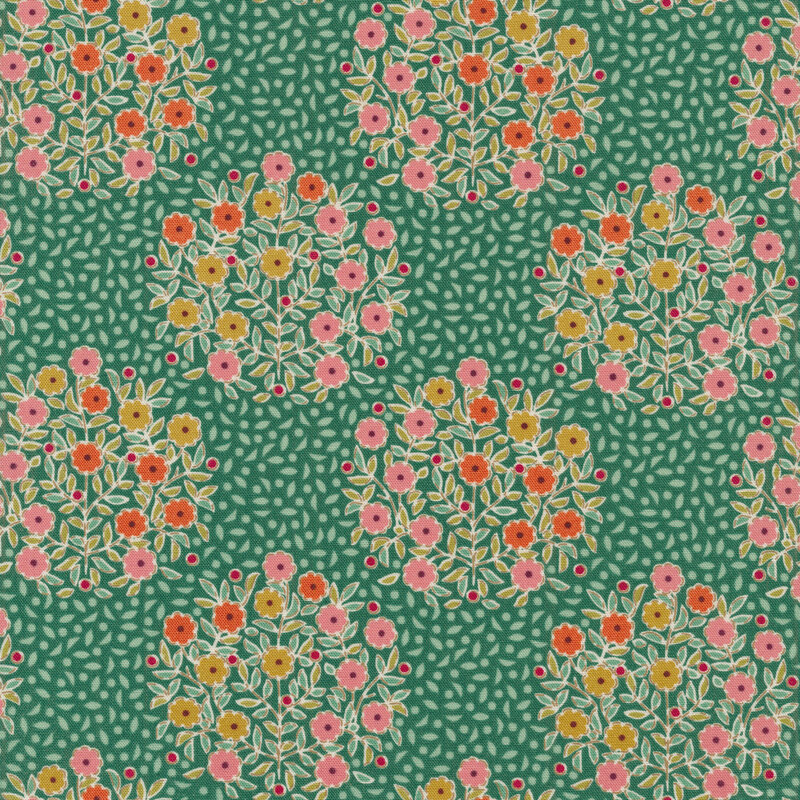 teal fabric with tonal aqua leaves and bunches of pink, yellow, and red flowers with green leaves