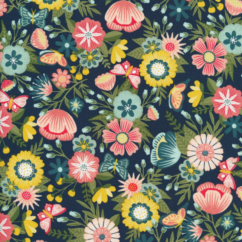 Bright pink, yellow, and teal flowers all over a dark blue background