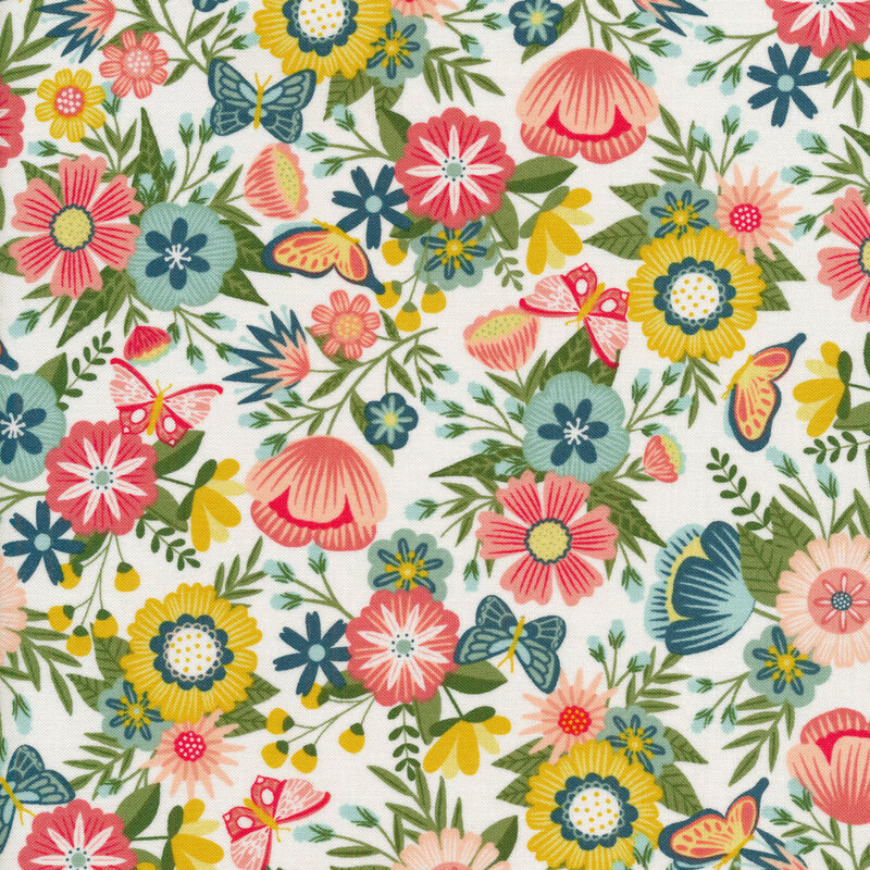 Bright pink, yellow, and teal flowers all over a white background