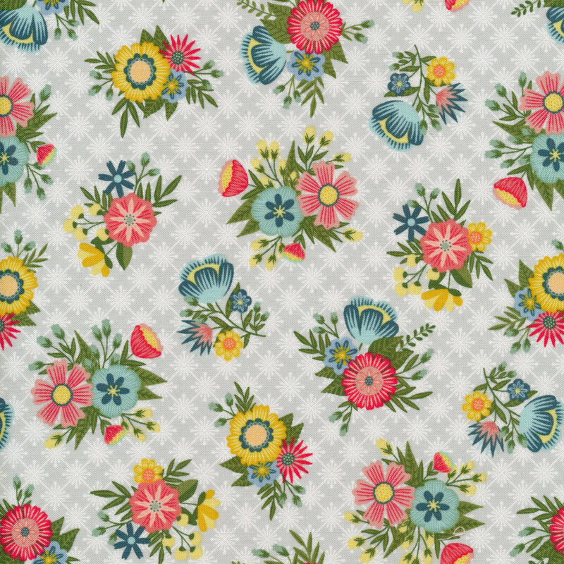 Bright floral bunches on a light gray patterned background