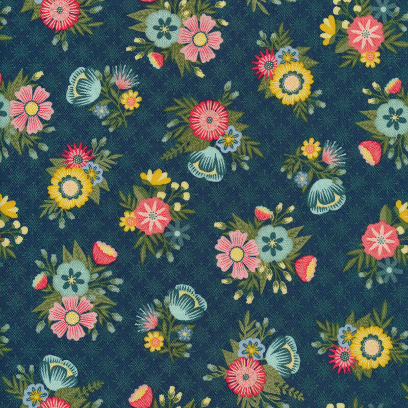 Fabric with bright floral bunches on a dark blue background