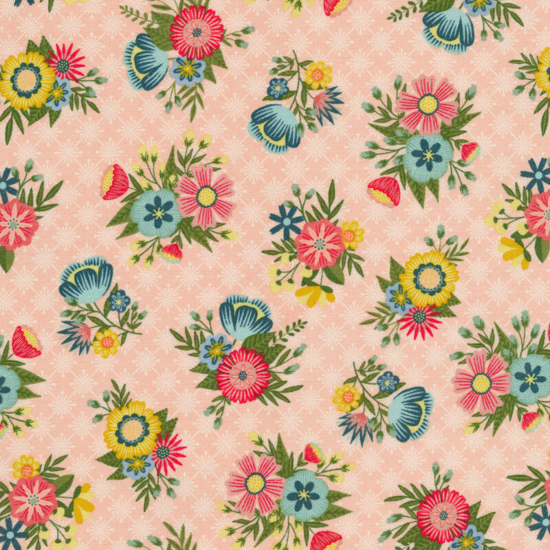 Fabric with bright floral bunches on a pink background