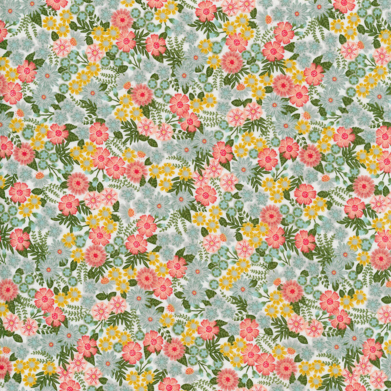 Fabric with bright pink, teal, and yellow flowers packed on a white background